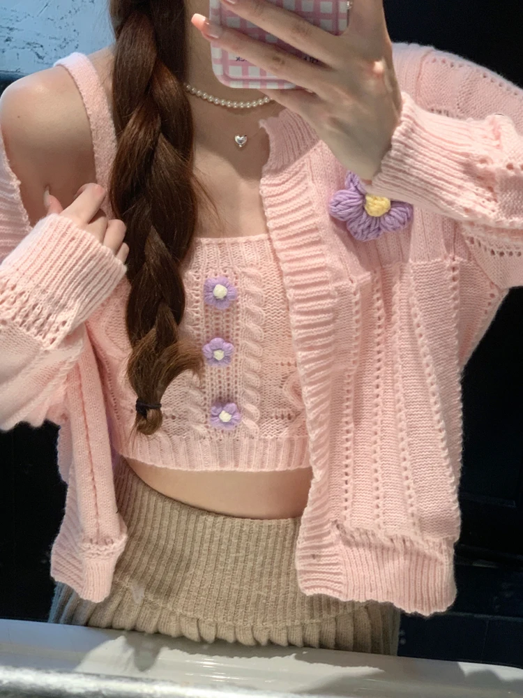 KIMOKOKM Elegant Sweet Girl Lazy Single-breasted Knitting Cardigan Sweetheart Three-dimensional Flower Sweater Two-piece Set