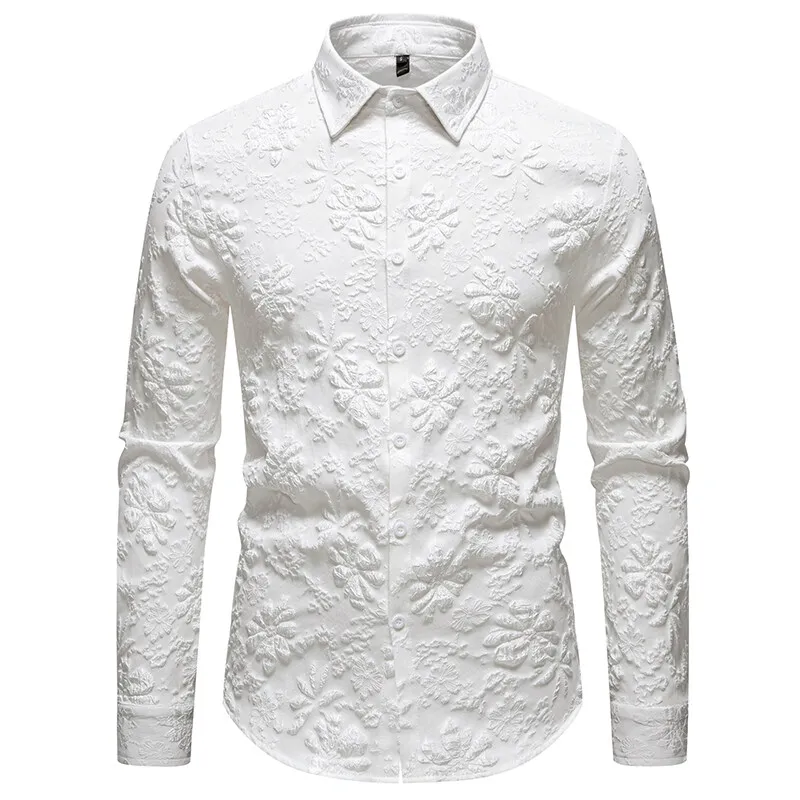 Embossing Mens Shirts Luxury 2025 Long Sleeve Floral Paisley Silk Business Party Wedding Shirt Men Clothing Chemise Homme