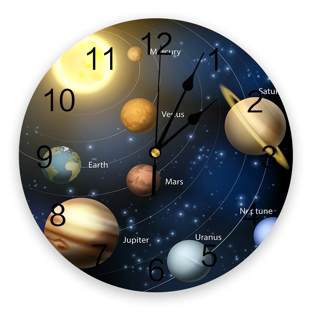 Solar System Planet Around The Sun Rotating Label Round Wall Clock for Home Decor Living Room No Ticking Sound Modern Wall Clock