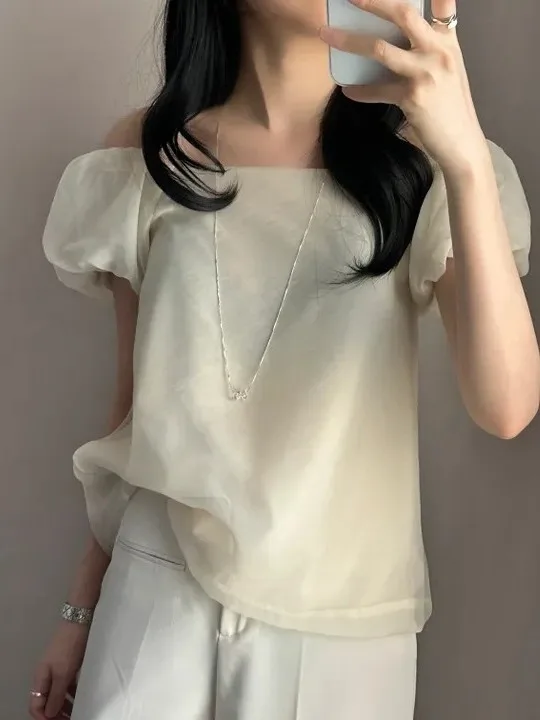 

Faionable Korean Sle Women's Off-oulder Bubble Sve Chiffon Top Pure Desire Trend Summer 2025 ort Sve Straight Cut