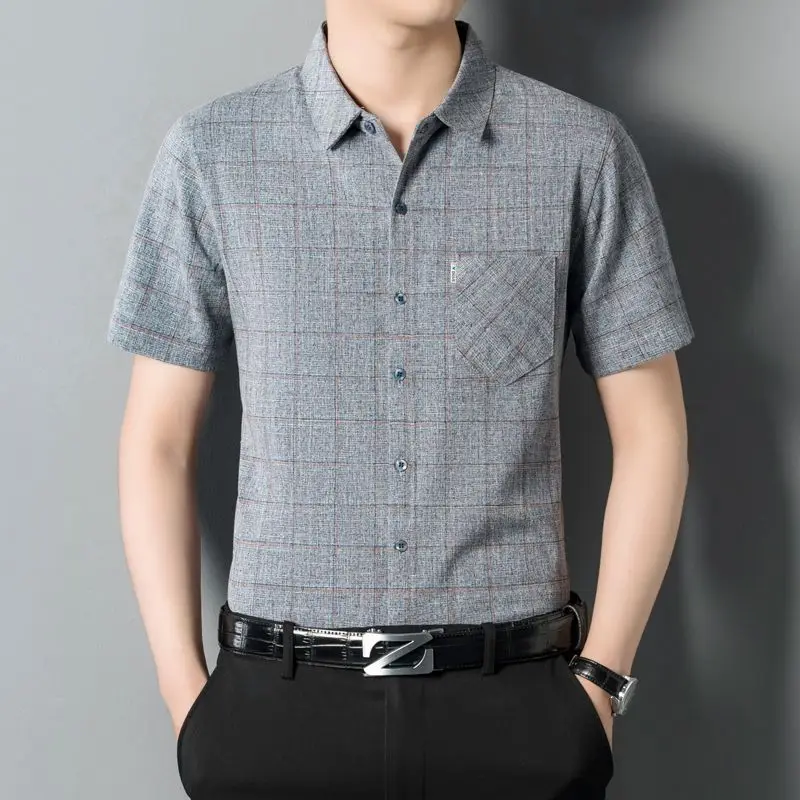 

Men's Grey Plaid Short Sleeve Shirt Casual Button Down Chest Pocket Business Top