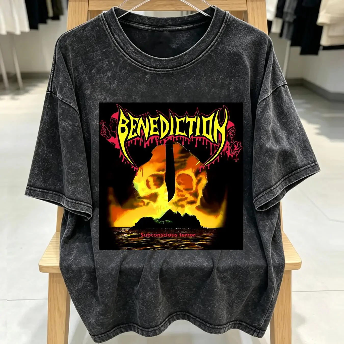 washed T Shirt Benediction Subconscious Terror Album Cover Black Men S 234XL J764 long or short sleeves vintage Washed