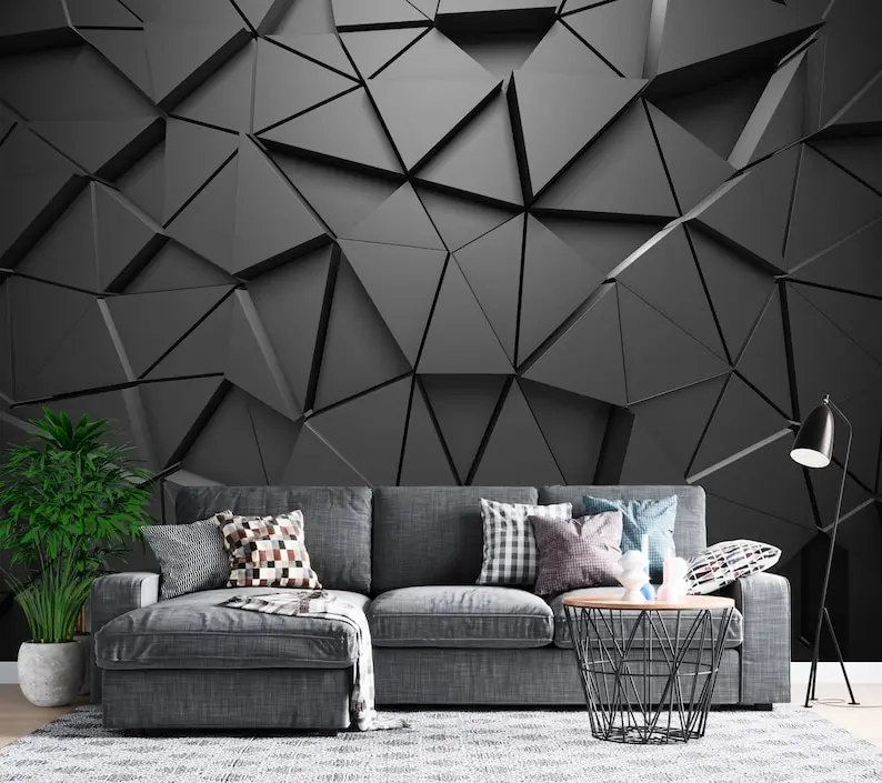 3D Wallpaper Solid Geometric Abstract Gray Triangle Background Black Peel and Stick Wall Mural Living Room Trendy Office Wall De