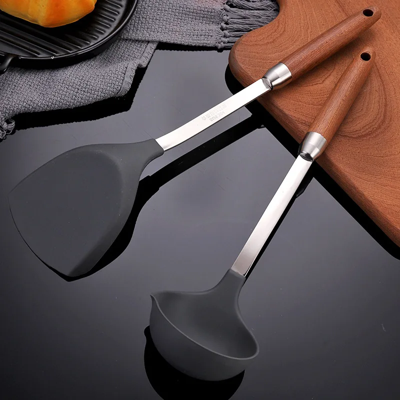 Silicone Head Non Stick Pan Frying Spatula Long Wooden Handle Food Cooking Shovel Soup Spoon Home Kitchenware Kitchen Gadgets