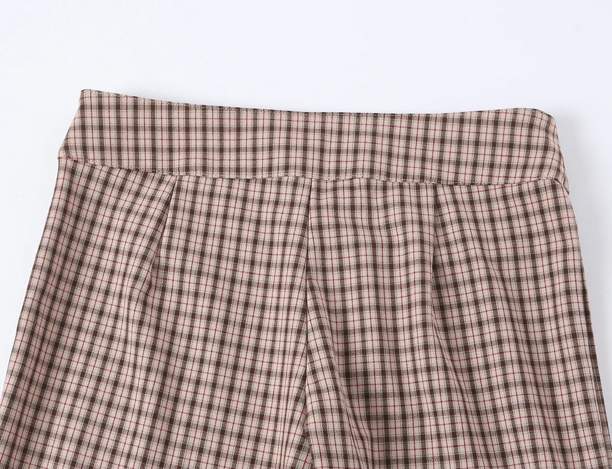 KONDALA Schickes Damen-Herbst-Freizeit-Karomuster-Anzug-Set, schmales Kurzarmhemd + gerade lange Hose mit Reißverschluss, modisch 2026, Vintage-Büro-Set – Detail 20