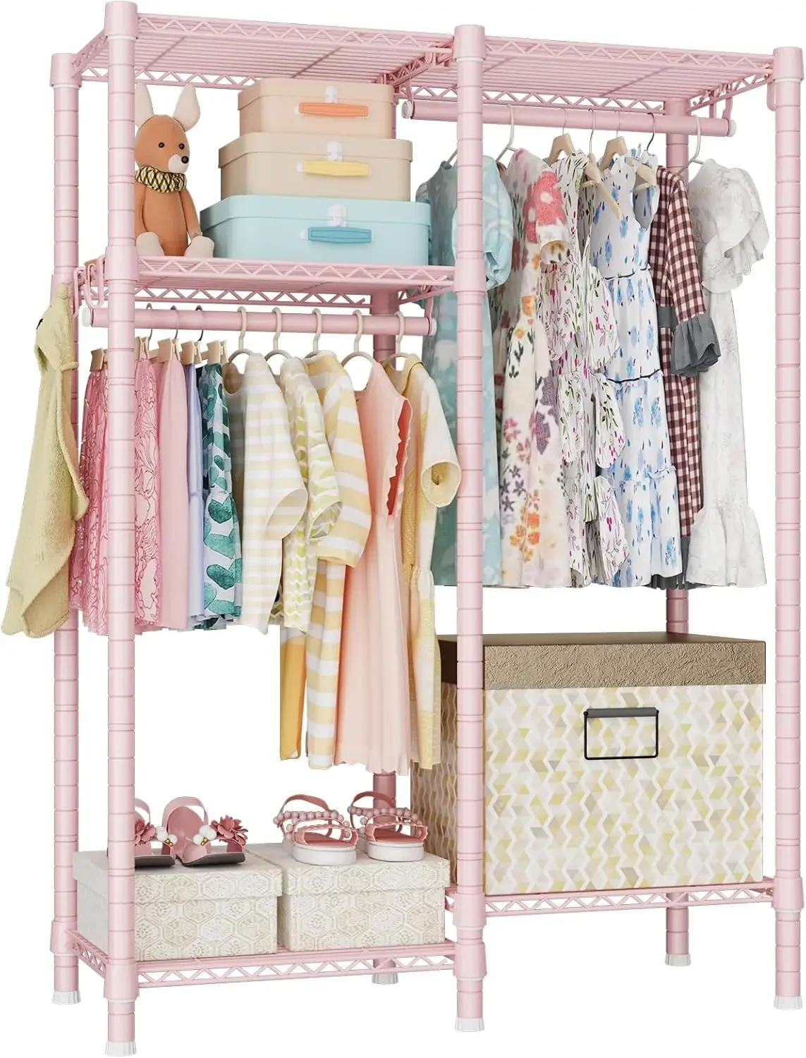 

4-Tier Kids Clothes Rack with 2 Hanging Rods, Portable Metal Closet for Children's Room, Pink