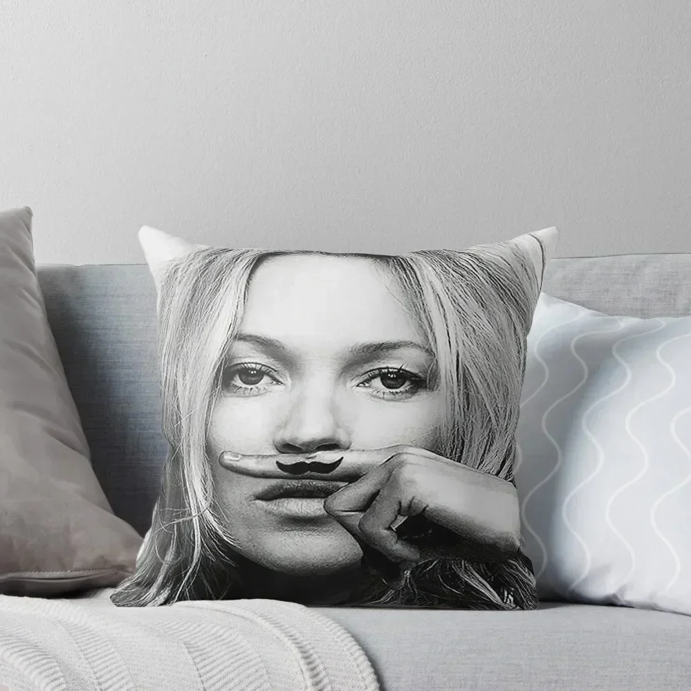 Kate Moss, Mustache, Black and White Photograph Throw Pillow Sofa Cushions Decorative Cushion Cover pillow