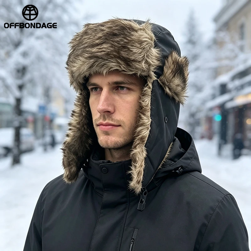 OFFBONDAGE Unisex Warm Soldier Hat Winter Pilot Patrolman Earmuffs Polyester Fiber Warm Russian Ski Hat Cold Pilot Hats Windproo