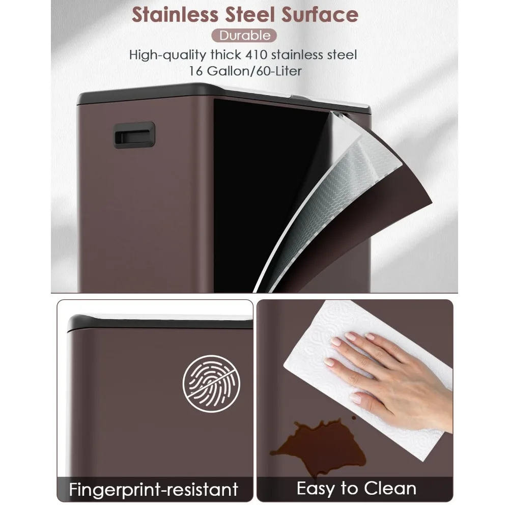 سلة مهملات مزدوجة Arlopu سعة 16 جالون مع صندوق مدمج للتحكم في الرائحة، سلة قمامة المطبخ بدون استخدام اليدين، سلة مهملات إعادة التدوير، إغلاق ناعم