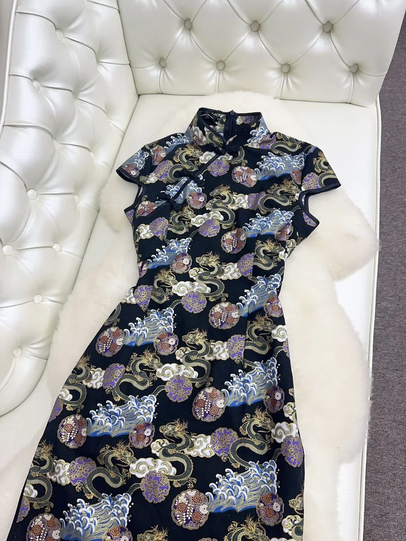 

Летнее повседневное платье-ципао Lao Zhang's Fly 2024 из золотистого хлопка с боковым разрезом и узором дракона, в ретро-стиле, для женщин