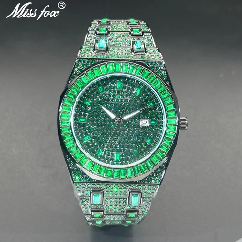 Imagen 2 del producto Nuevo reloj de diamante verde para hombre, relojes de lujo con diamantes de Hip Hop, reloj de pulsera único Bling Ice Out luminoso resistente al agua 2024 para regalo