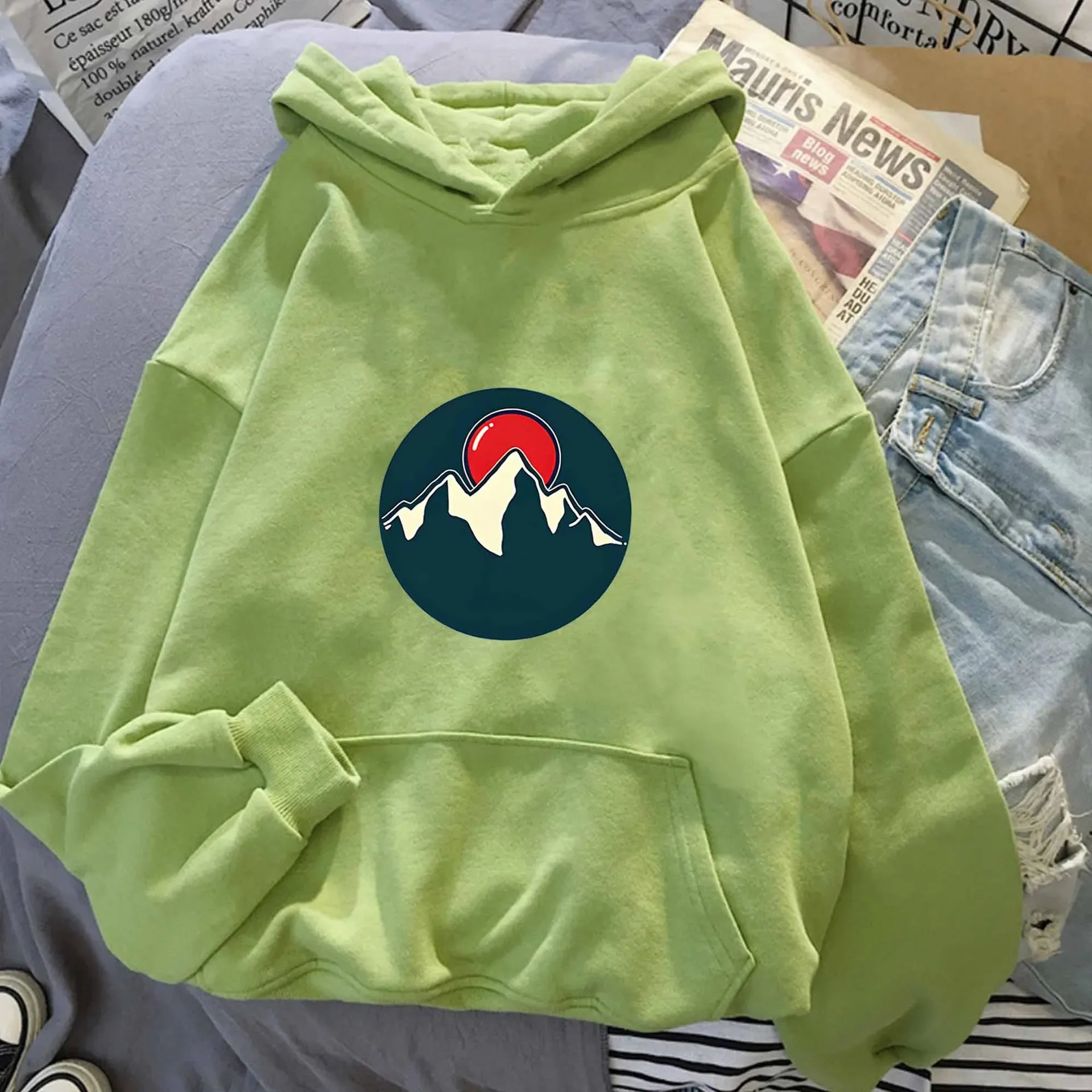 Sudadera con capucha de nuevo estilo transfronterizo del sudeste asiático para hombres y mujeres pareja tendencia Casual Simple estampado superior puesta de sol de montaña
