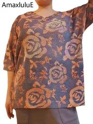 Amax luluE 2025 Summer Clothes Women Fashion Loose Printed Diamond Tee Shirts Ladies Luxury Casual Vintage Floral Oversized Tops