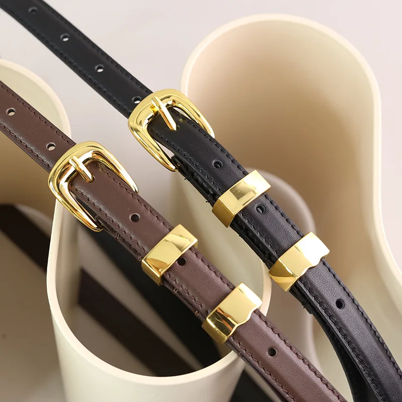 

Top Layer Cowhide Retro Niche Horse Hoof Gold Buckle Thin Belt, Same Model for Women's Versatile Thin Belt In The Mall