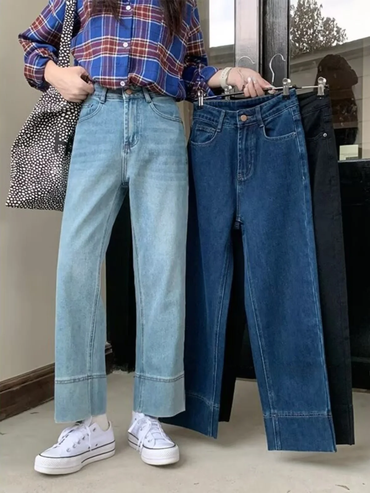 アメリカンレトロ風ストレッチデニムジーンズ レディース 大きいサイズ ハイウエスト 体型カバー スリム 細見え ワイドレッグ ストレートパンツ