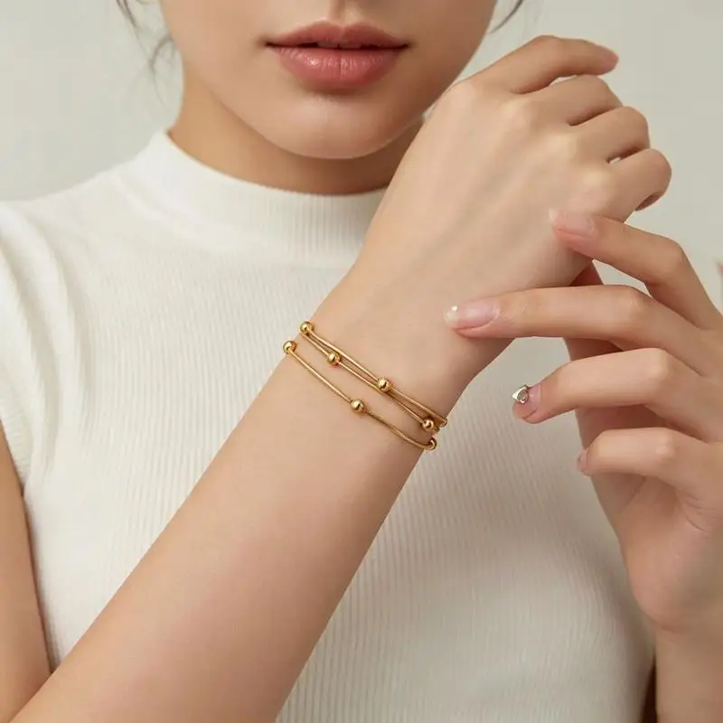 Stainless Steel Trendy Three Layers Small Round Beads: Bracelet for Women Classic Simple Chain Bangle