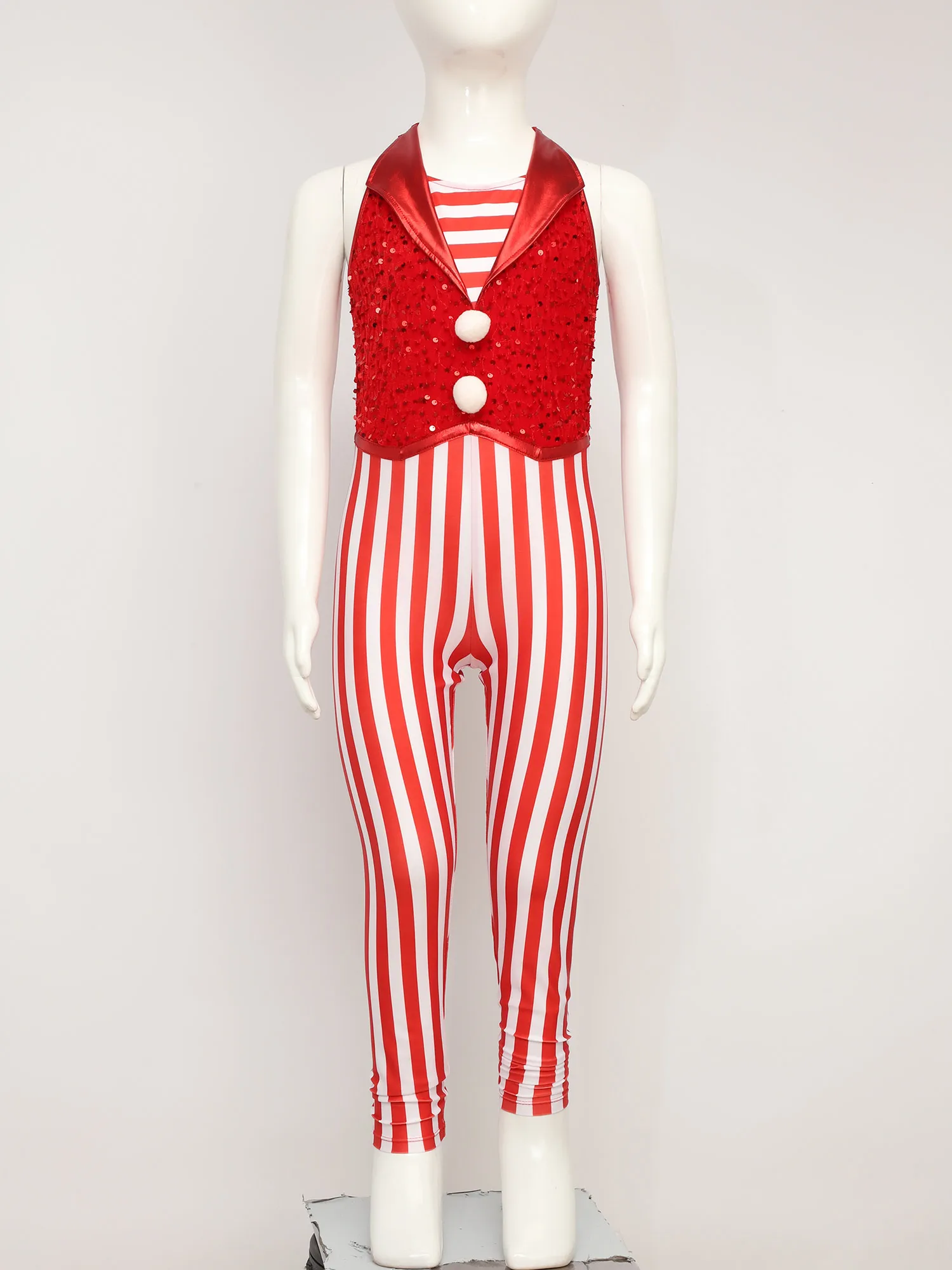 Candy Cane Striped Sequin Jumpsuit for Kids Girl Christmas Ballet Dance Gymnastics Figure Skating Leotard Full Bodysuit Costume