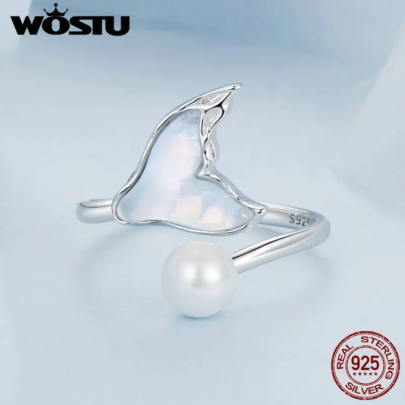 WOSTU 925 Sterling Silver Rainbow Crystal Mermaid Fishtail Pearl Ring For Women Opening Statement Rings Fine jewelry Party Gift