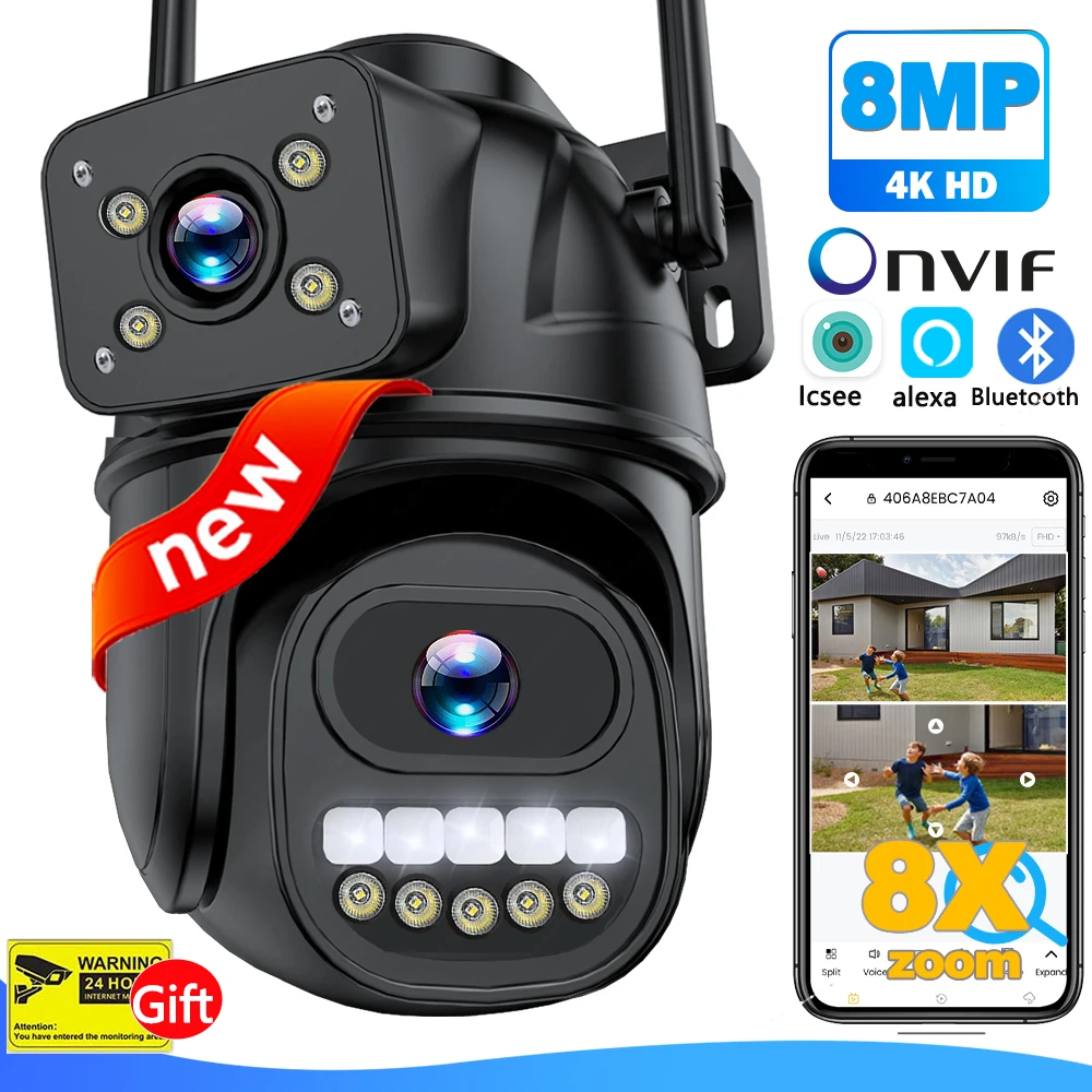 

4k 8mp Wifi Camera Outdoor 360 View Dual Screen Cctv 4x Zoom Security Surveillance Cam Icsee Alexa Video Cam Onvif