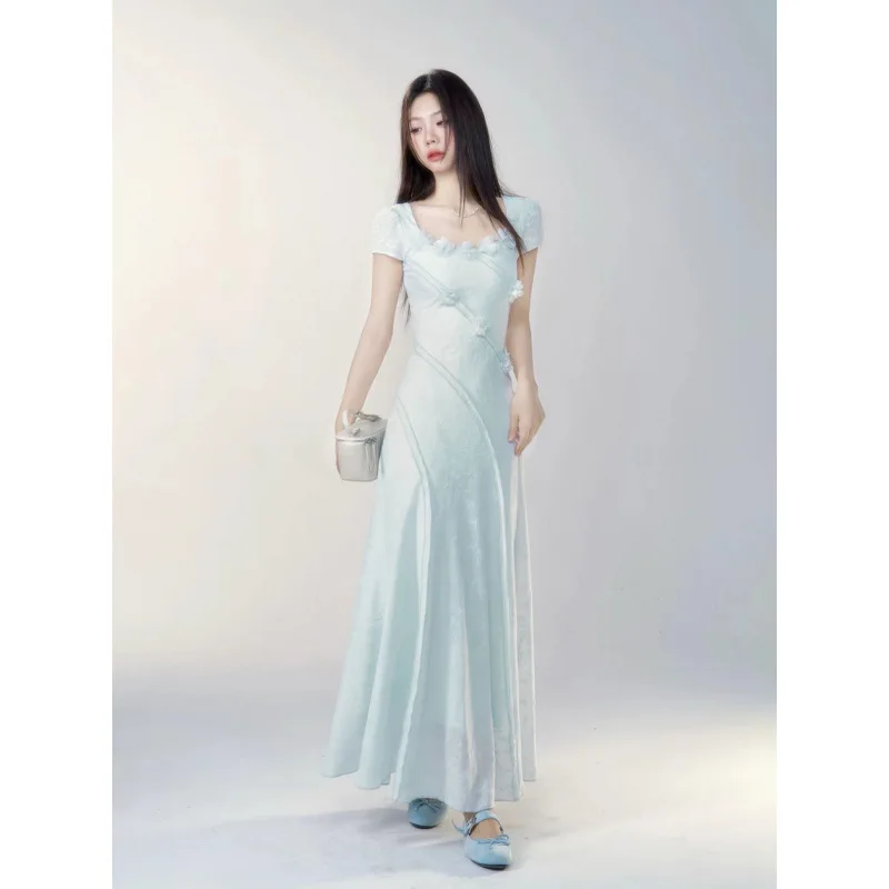 Verão novo design doce longo dr emagrecimento cintura gola quadrada ort sve estampa floral ele sle feminino dr