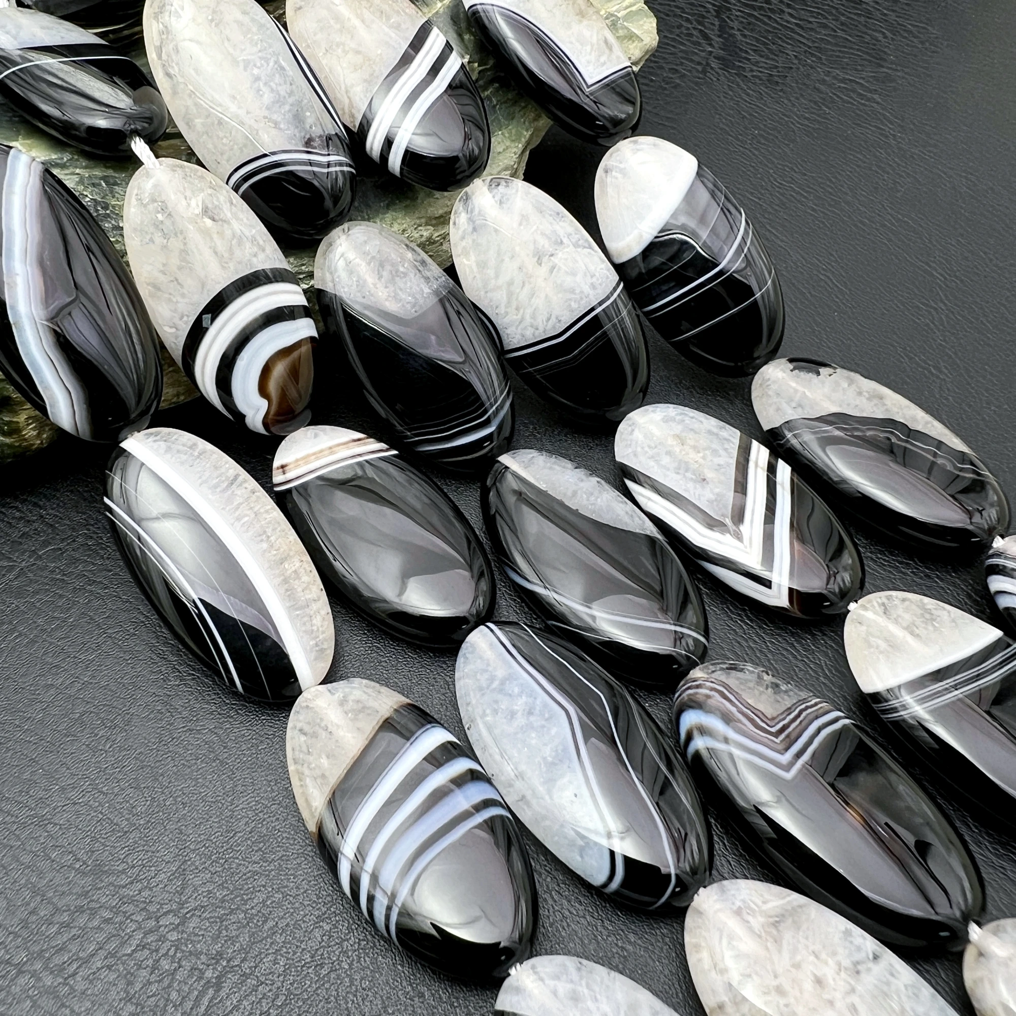 20x40mm 10PC Large Oval Shape Natural Black And White Lace Agates Quartz Focus Slice Pendant Beads For DIY Jewelry Making
