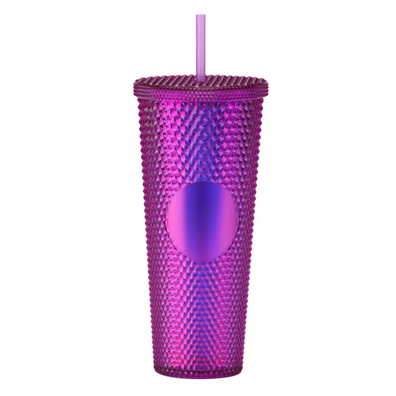 Double Wall 710ml 24oz Noctilucence Plastic Tumbler Bling Studded Straw Cold Cup With No Logo AB color