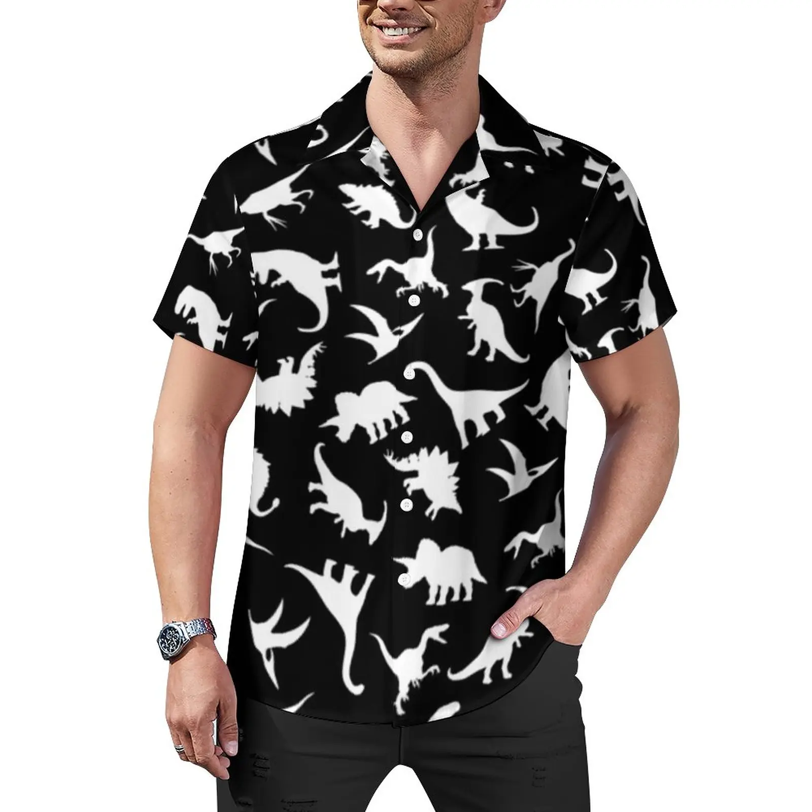 

Fun Dinosaurs Pattern Vacation Shirt White on Black Graphic Cute Dino Hawaiian Casual Shirts Mens Fashion Blouses Graphic Top