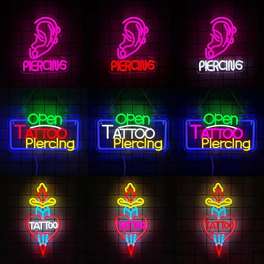 Ear Piercing Neon Sign,Tattoo Open LED Neon Sign for Tattoo Studio Salon Bar Pub Man Cave Wall Decor Business Logo USB Powered