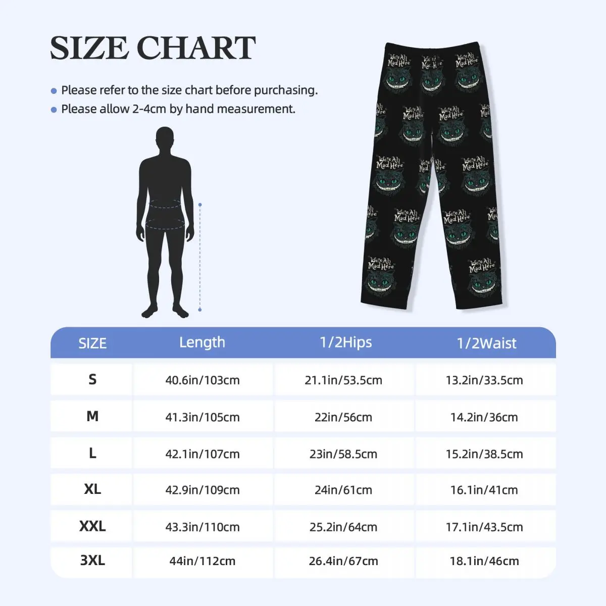 Pantalones de pijama de gato de Cheshire personalizados para hombre con estampado de Alice, somos todos locos aquí, ropa de dormir para dormir en el país de las maravillas, pantalones con bolsillos