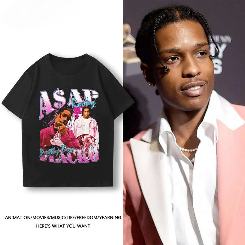 2024 New Fashion Asap Mob Asap Rocky HiphopVintage Short Sleeve Men Hip Hop Rap Loose Half T-shirt Retro Punk T-shirt Streetwear