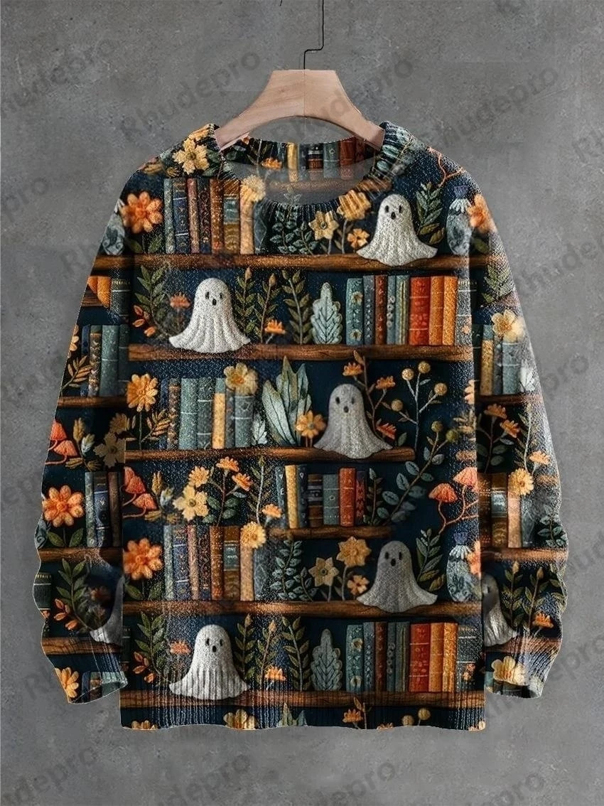 3D Printing Halloween Custom Series Horror Ghost Skull Witch Black Cat Pattern Ugly Sweater Street Casual Winter Sweatshirt W-10
