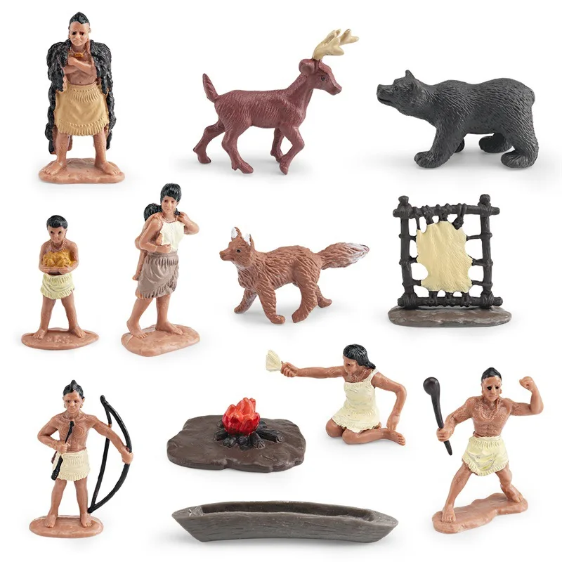 Replica Powhatan Indian Set Model Fun Chief Warrior Deer Fox Black Bear Campfire Ornament Home Desktop Decorative Ornament Gift