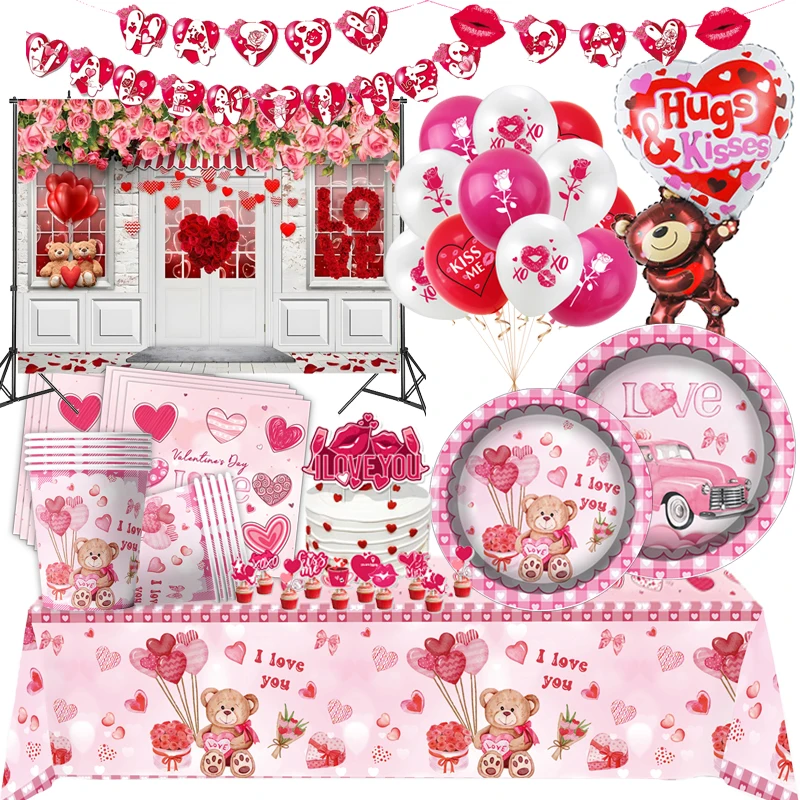 New Valentines Day Decoration Valentine Balloons Disposable Tableware Tablecloth Cups Plates Straw Weddding Decor Party Supplies