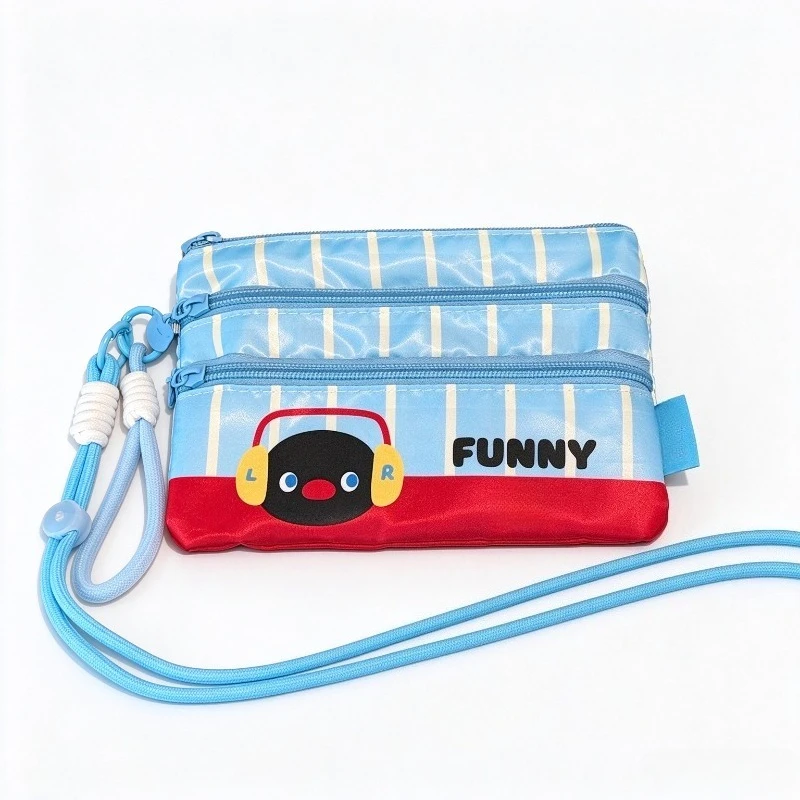 Pingu Penguin Cartoon Passport Holder Multi Zipper Travel Document Storage Bag Portable ID Card Wallet with Hand Wrist Strap