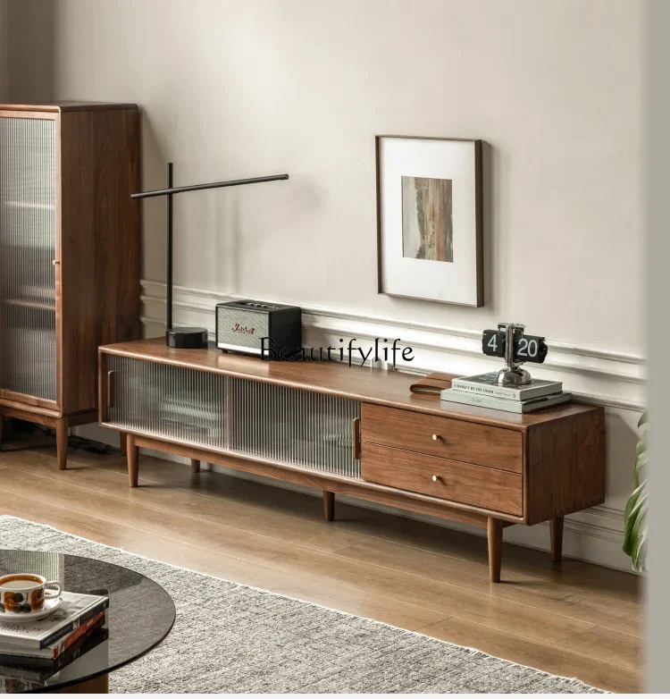 

Black walnut TV cabinet Nordic living room home high-footed locker modern simplicity