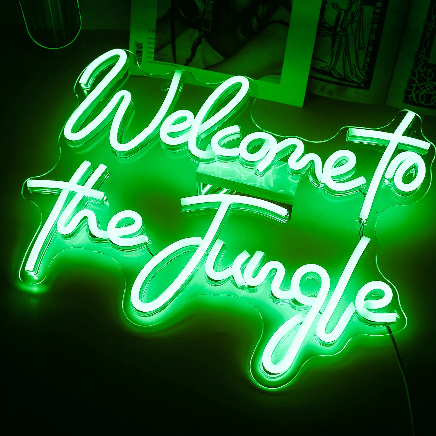 Bienvenido a la jungla, letrero LED de neón, luces decorativas verdes, decoración estética de la habitación, lámpara de pared artística USB, adornos brillantes para fiesta