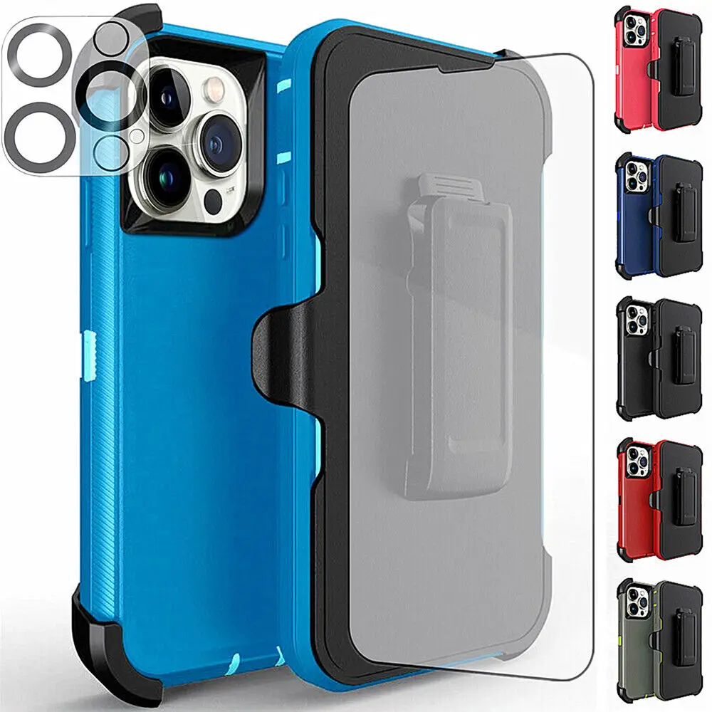 

Для iPhone 11 15 16 Pro Max 12 13 Mini 14 Plus Противоударный жесткий чехол Defender с зажимом для ремня, объективом экрана и пленкой из закаленного стекла