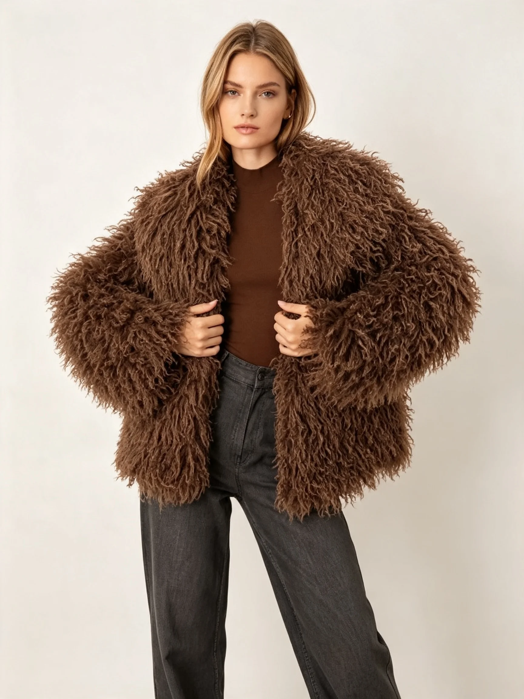 PUAL Women Shaggy Curly Faux Fur Jacket Lapel Open Front Fluffy Loose Outerwear
