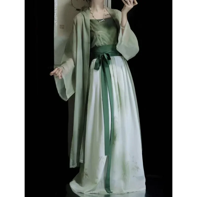 

New Chinese Style Women Hanfu Dress Green Light Coat Bamboo Print Camisole Skirt Vêtements Traditionnels Chinois Femme