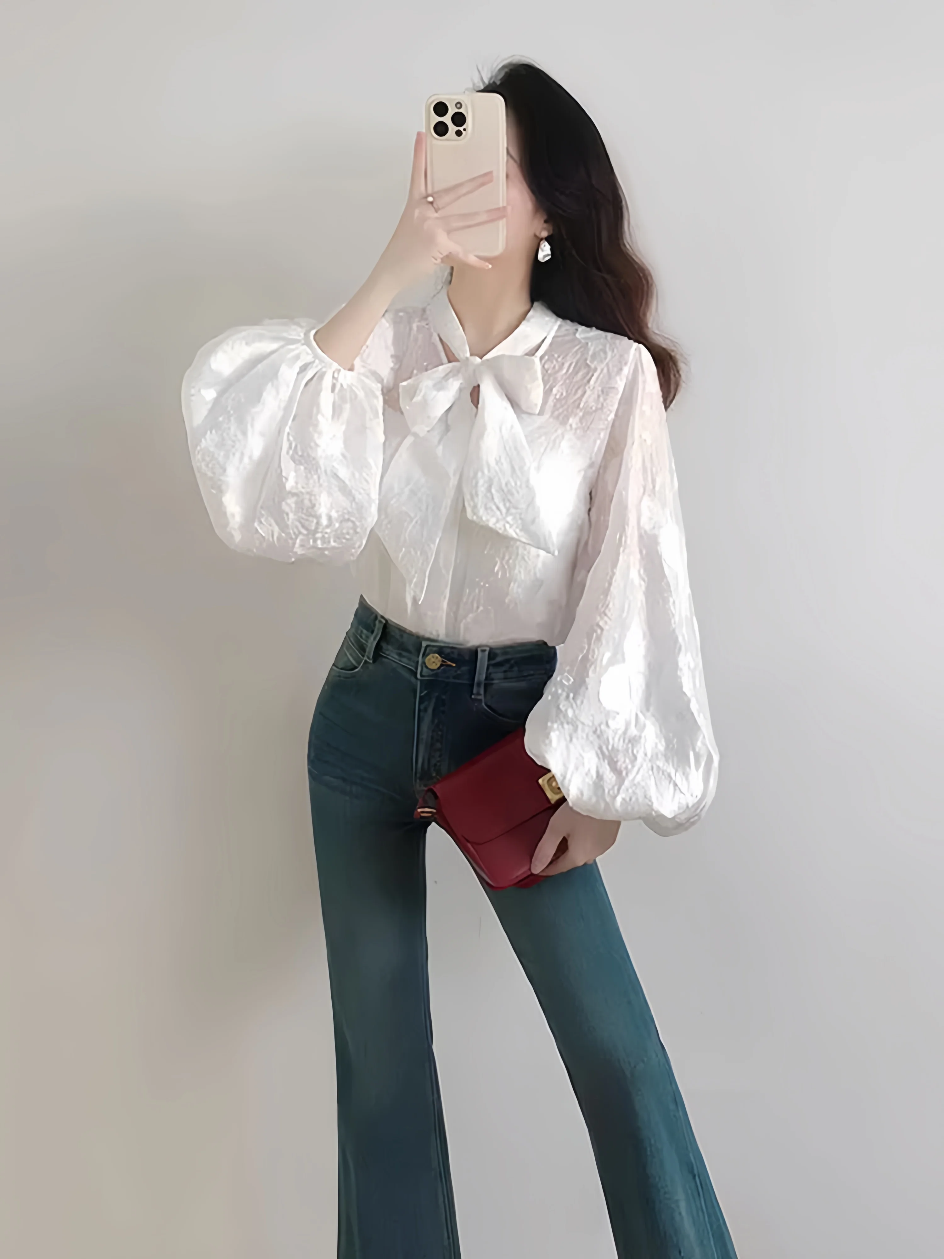 

Spring 2026 Korean Style Women's plus Size Lace Shirt And Slimming Micro Flare Jeans Two Piece Set Casual High Waist Straight...