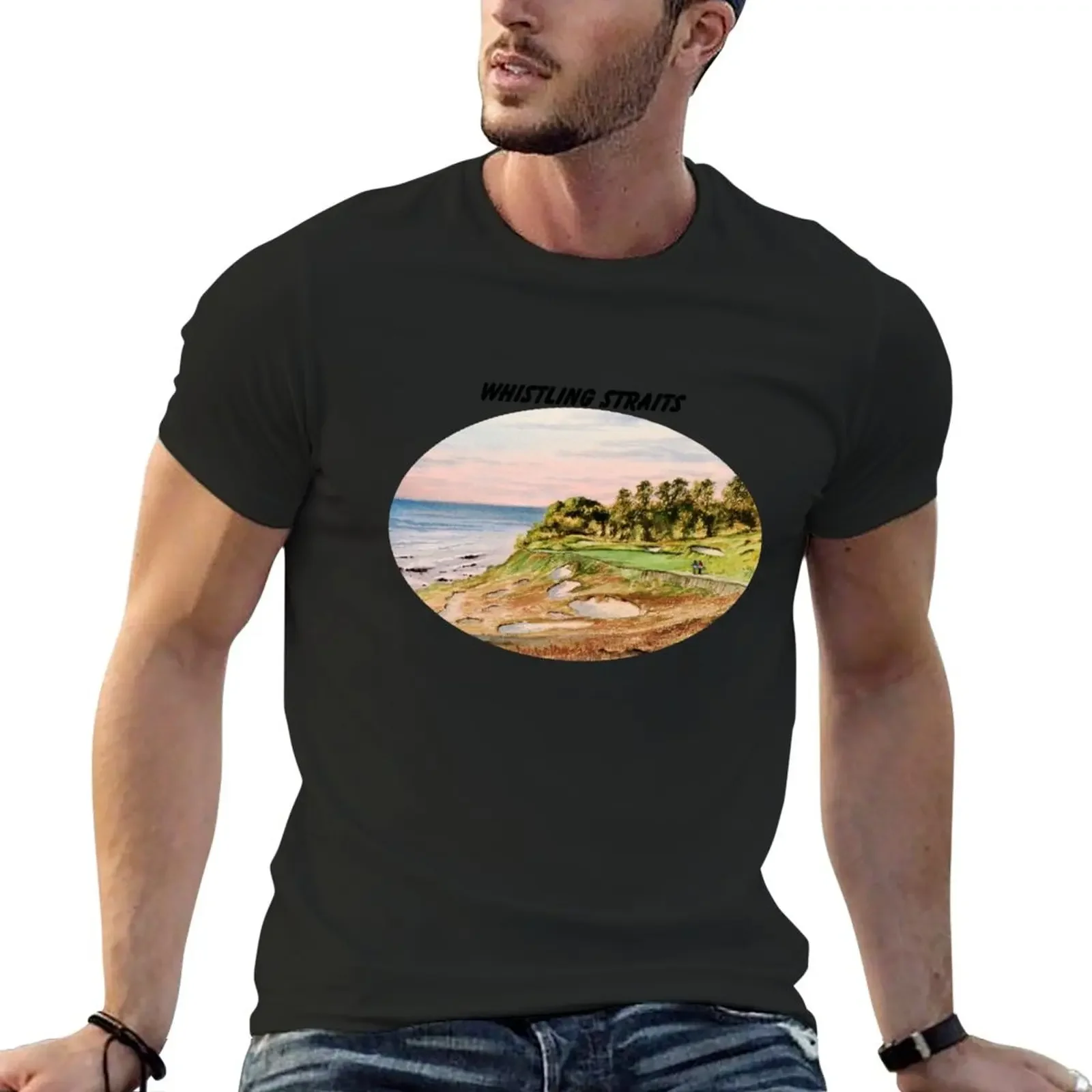 Whistling Straits Golf Course With Banner T-Shirt summer clothes anime plain T-shirt men