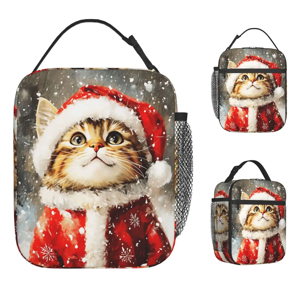 Christmas Cats Adorable Kittens In Festive Lunch Bag Outdoor Picnic Lunch Box For Girls Graphic Tote Food Bags Zipper Cooler Bag