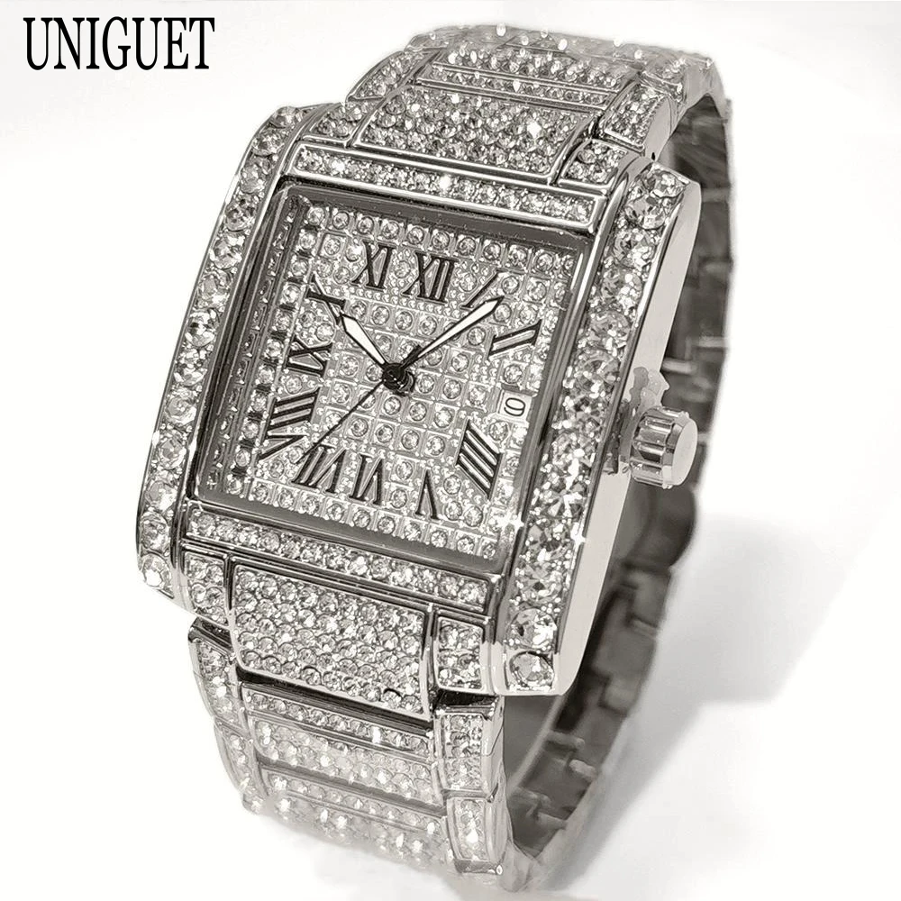 

Luxury Brand Mens Silver Stainless Steel Quartz Watch Hip Hop Full Diamond Rectangle AAA Quality Fashion Wristwatch for Men 2025