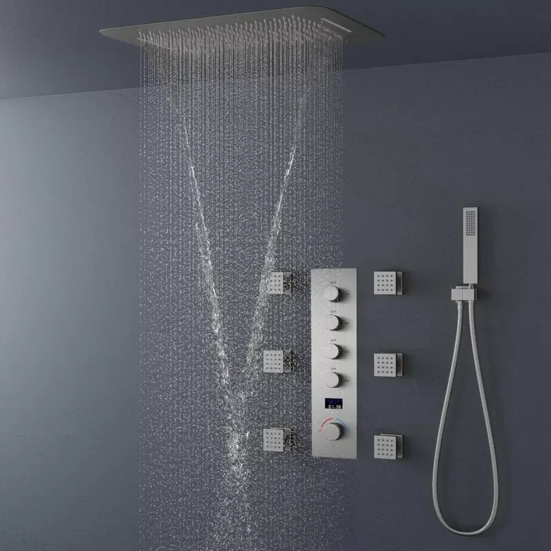 Brushed Nickel Brass 5-Handle Thermostatic Rainfall Waterfall Full Body Shower System 6-Jet Rectangular Shower Head Faucet