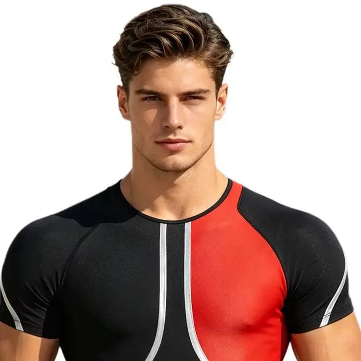 Men Swimsuit Short Sleeve Back Invisible Zipper Metallic Trim Color Blocking Jumpsuit Thigh Length Bodysuit Diving Suit Swimwear
