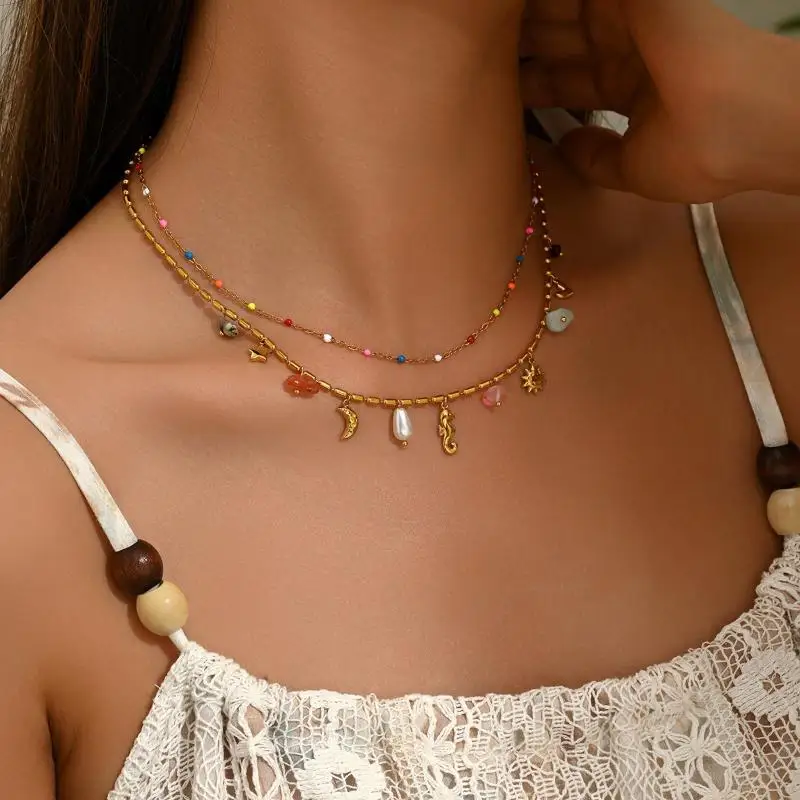 Boho Sexy Mode Edelstahl Seestern Seepferdchen Anhänger Halskette Damen Niedliche Bunte Perlen Schlüsselbeinkette Schmuck Geschenk – Detail 3