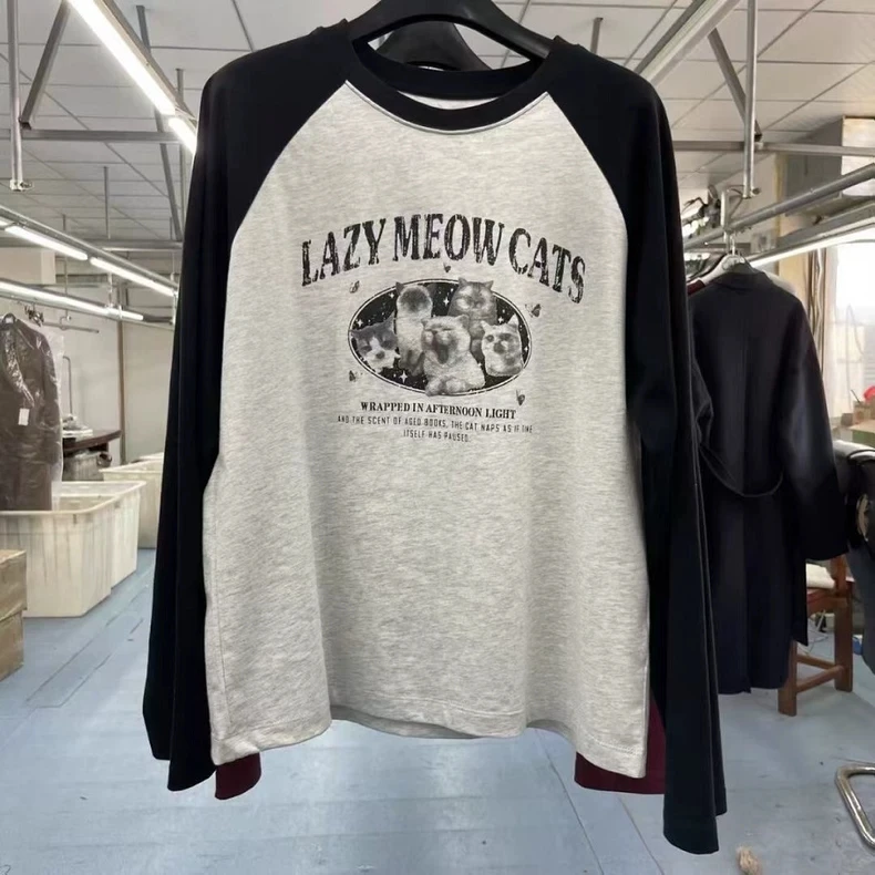2026 Spring Commuter Style Women's T-shirt Long Sleeve Shoulder Insert  Print Slim Fit round Neck Cotton Moisture Wicking