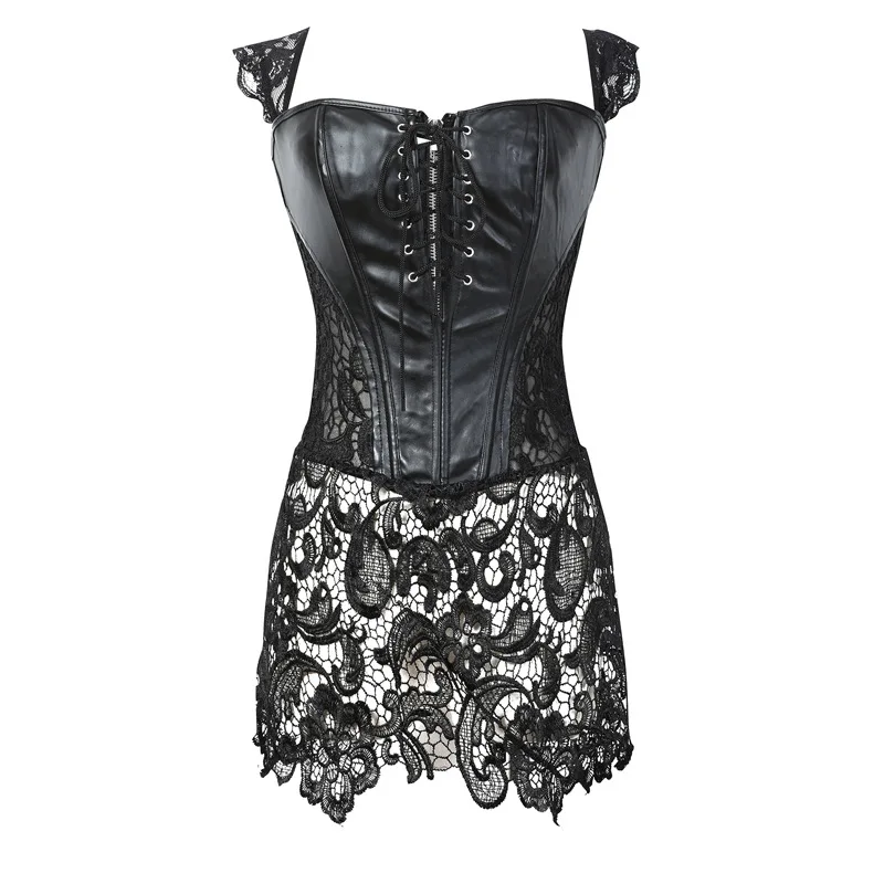 

Fashion New Steampunk Corset Dress Women Gothic Sexy Faux Leather Zipper Bustier Lace Skirt Black Red Corselet Clubwear S-6XL