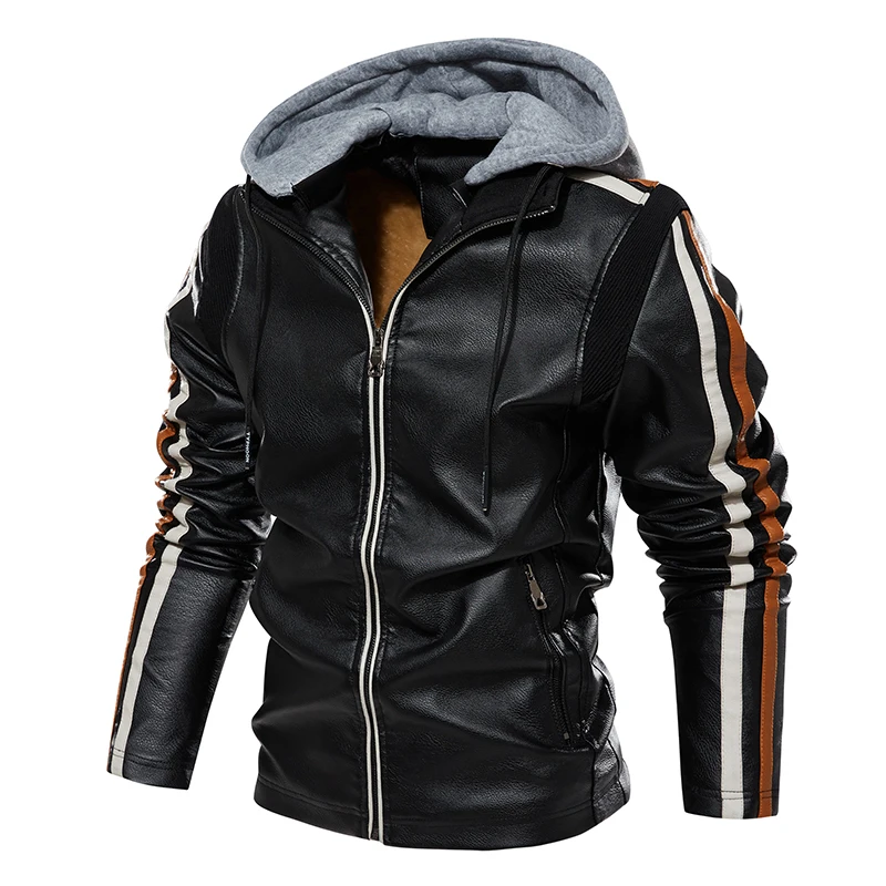 

Men's Hooded Motorcycle Leather Jacket Brown Bomber Coat Casual Men's Clothing Winter Fleece Faux Leather Patchwor Flight Jacket