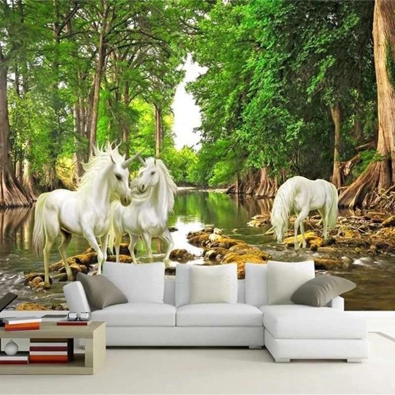 Customized 3D White Horse Green Forest Mural Wallpaper Home Decor unicorn Living room sofa TV background wall bedroom restaurant